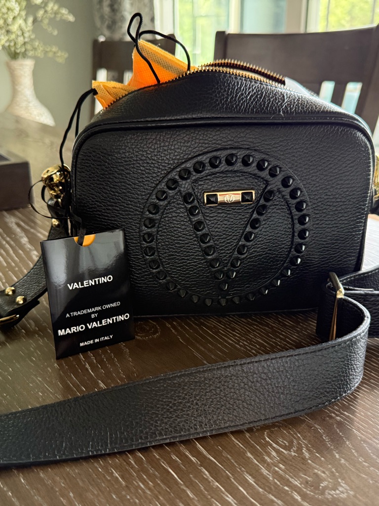 Valentino Black Pebbled Leather Crossbody With Studded V Logo